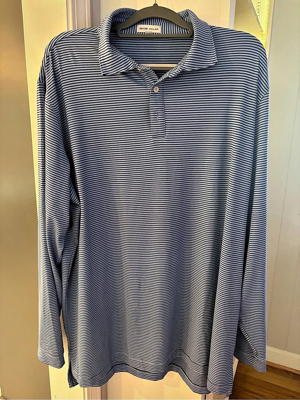 Peter Millar Lyons Stripe Performance Jersey Long-Sleeve Polo Blue & Navy XXL